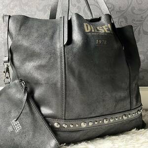 1円【美品】DIESEL ディーゼル トートバッグ スタッズ レザー ブラック 黒 ロゴ A4収納可 肩掛け ポーチ付き メタル ビジネス メンズ