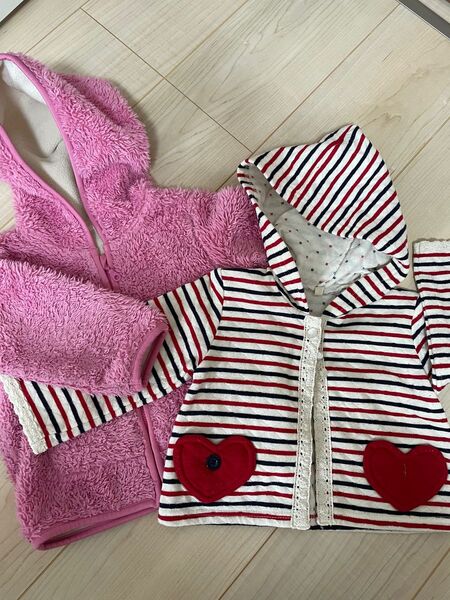 女の子パーカー2着まとめ売り UNIQLOユニクロ、西松屋 80 ピンク ボーダー ハート