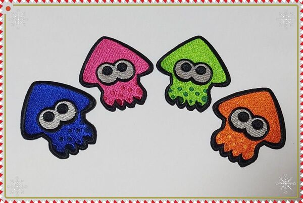 【w-35】スプラトゥーン(splatoon) イカ(青、オレンジ、ピンク、黄緑) 4枚セット アイロンワッペン