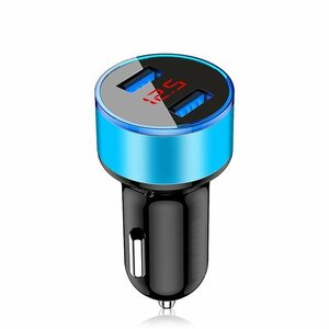 【ブルー】 USB車載充電器 デジタル電圧計 USB 2ポート 数字電圧計 シガーソケット