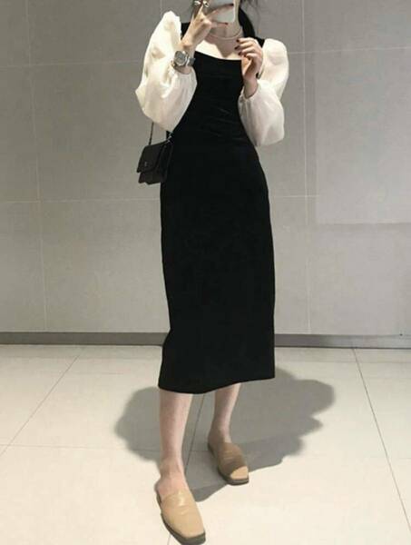 ワンピース ドレス 黒 ブラック 韓国ファッション 送料無料 匿名配送 ロングワンピース