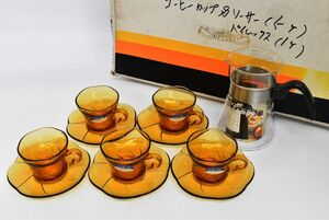 (659P 1115M10) 1円～ 未使用 アデリアグラス ティーセット ティーカップ＆ソーサー 5客 コーヒーサーバー 洋食器 茶器