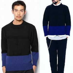 美品 英国製 Deck Hand デックハンド 2Tone Wool Crew Neck Sweater クルーネック 2トーン ニット セーター 34 BLACK/BLUE