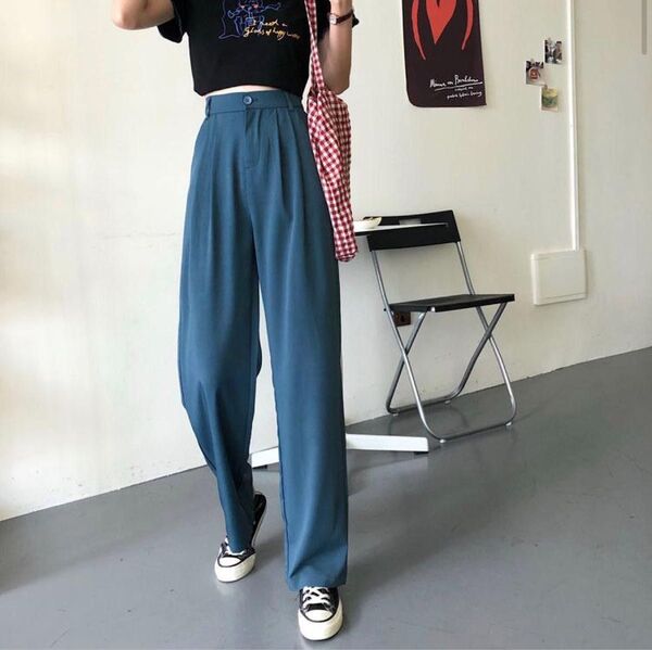 パンツ カラフル ブルー 青 カラフルパンツ テーラードパンツ スラックス 人気 ハイウエスト 激安 流行 オシャレ ズボン