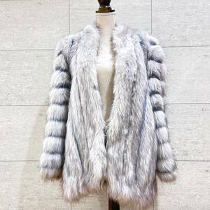 DRM-E-177 中古品/現状品【SEVET Foke fur】フェイクファー コート ライトグレー系 着丈78cm レディース アウター 毛皮風 日本製 防寒着