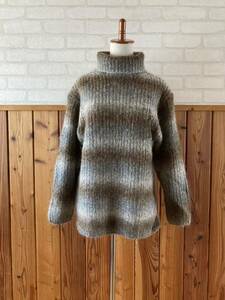 未使用品 CREATEUR レディース ウール混 タートルネック ニット セーター M-Lサイズ位 長袖 ボーダー ブラウン グレー knit sweater Z