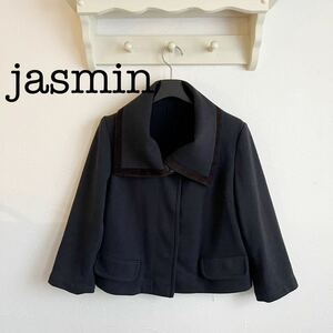 美品 jasmin ショート丈 ジャケット ストレッチ ネイビー ジャスミン レディー38 M ネイビー