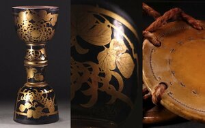 ∇花∇江戸時代の雅楽器 高雅な意匠の菊蒔絵大鼓 鼓胴・古皮・調べ緒 28.5cm