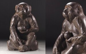 ∇花∇日展作家【渡辺環水】作 鋳銅ブロンズ彫刻 桃持ち猿像 H17.7cm 在銘