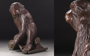 ∇花∇金工師【照雲】作 鋳銅ブロンズ彫刻 瓦に腰掛ける猿公像 見事な写実彫刻
