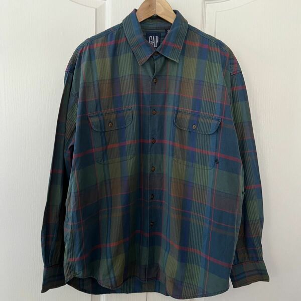 90s OLD GAP オールド ギャップ 長袖 チェック シャツ ネルシャツ デカタグ XL 90年代 ビンテージ 大きいサイズ グリーン ネイビー