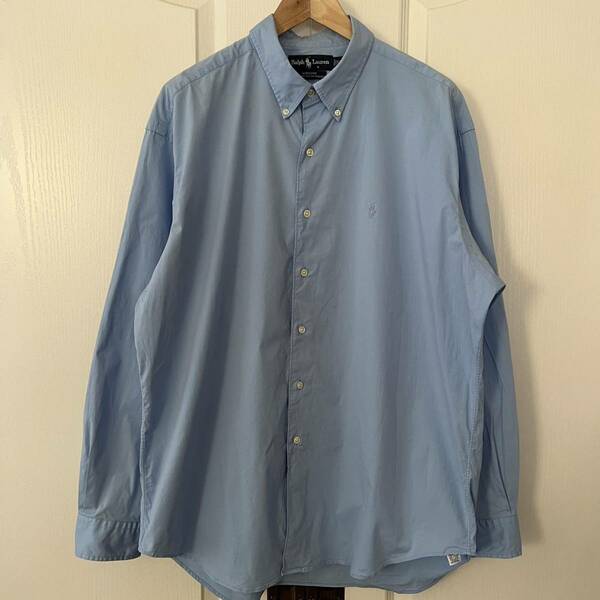 Ralph Lauren ラルフローレン 無地 長袖シャツ ブルー XL オーバーサイズ 大きいサイズ ストレッチ ポニー刺繍 ボタンダウン