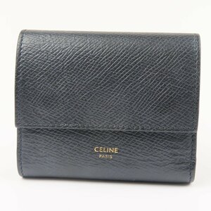 67620★1円スタート★CELINE セリーヌ 美品 スモール トリフォールドウォレット ロゴ 三つ折り財布 レザー ブラック