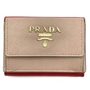 【美品】レア希少商品☆PRADA プラダ サフィアーノ コンパクトウォレット 1MH021 レッド×ベージュ バイカラー ミニウォレット レディース