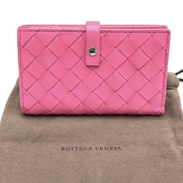 No.102 【新品同様】早い者勝ち☆BOTTEGAVENETA ボッテガヴェネタ イントレチャート コンパクトウォレット ピンク 二つ折り財布 レディース