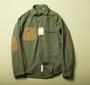 NFY30-2XL クラシックシャツ メンズ 長袖シャツ　通気 涼しい 厚手 ジャケット 　おしゃれなデザイン レトロ配色ポケット オリーブグリーン