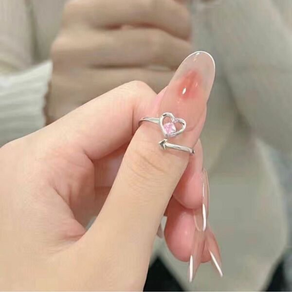ピンク　ハート　ストーン　指輪　リング　シルバー　レディース　かわいい　韓国 ジュエリー アクセサリー 宝石