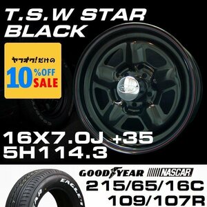 スター 16インチ タイヤホイールセット 4本 TSW STAR ブラック 16X7J+35 5穴114.3 GOODYEAR ナスカー 215/65R16C