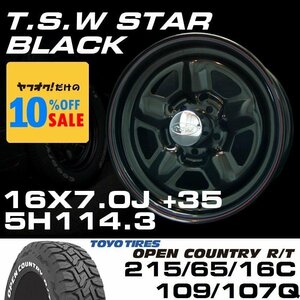 スター 16インチ タイヤホイールセット 4本 TSW STAR ブラック 16X7J+35 5穴114.3 TOYO OPEN COUNTRY ホワイトレター 215/65R16C