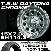 デイトナ 15インチ タイヤホイールセット 4本 TSW DAYTONA クローム 15X7J+20 5穴114.3 ナスカー 195/80R15_画像2