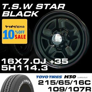 スター 16インチ タイヤホイールセット 4本 TSW STAR ブラック 16X7J+35 5穴114.3 TOYO H30 ホワイトレター 215/65R16C