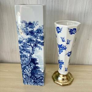 【K4851】 中古 花瓶 2個セット バラ ブルー 有田焼 西峰 染付 山水 角花瓶 花器 インテリア 置物 長期保管 自宅保管