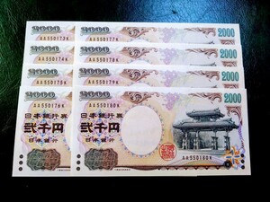 【８枚連番】ピン札 2000円札×８枚 弐千円札 二千円札 守礼門 紫式部 沖縄 新札 未使用 レターパックライト370円 ②