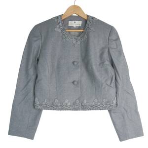 ◆美品◆ PIERRE BALMAIN ピエールバルマン 秋冬 ウール ノーカラー ジャケット グレー レディース 11 ◆学校行事 お受験 参観日◆ 1893k0