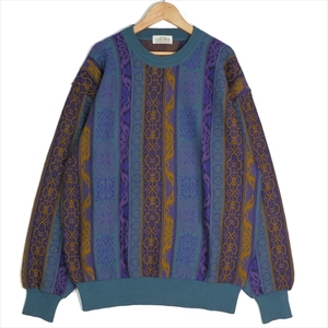 ◆美品 送料無料◆ レトロ古着 LANG DICK 総柄 ウール混 長袖 ニット セーター 緑 紫 メンズ L　0083i0