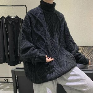 メンズ セーター ニット レース クルーネック ハイネック ファッション ゆったり 長袖 ブラックサイズ XL