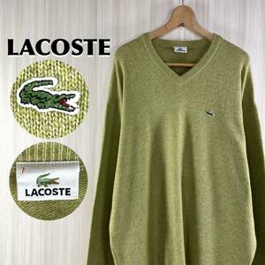 【人気ブランド】【希少カラー】【ビッグサイズ】LACOSTE ラコステ ワニ Vネック ウールニット セーター サイズ7 わさび XXL ワサビ色 古着