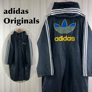 【入手困難】adidas アディダス オリジナルス ビッグトレフォイル 3ストライプ ボア裏地 ベンチコート ロングコート L表記 ブラック 古着