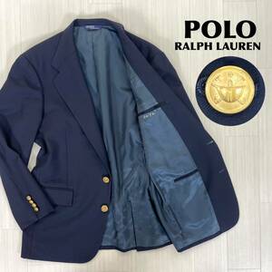 【良品】POLO ポロバイラルフローレン 紺ブレ シングル ブレザー 金ボタン サイドベント テーラードジャケット 96A6 Aライン ネイビー 古着