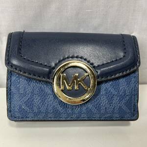 ※【MICHAEL KORS/マイケルコース 】三つ折り財布 ブルー ネイビー シグネチャー MKロゴ コンパクト財布 ミニウォレット 金具 