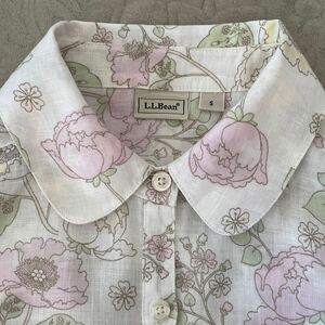 L.L.Bean 麻100% ブラウス　八分袖　丸襟　オフホワイト　薄ピンク　黄色　薄緑　花柄　ポケット　リネン　S エルエルビーン