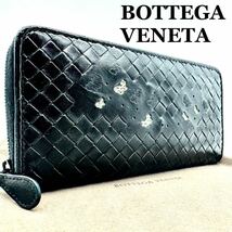 【超希少☆極美品】ボッテガヴェネタ BOTTEGA VENETA イントレチャート パイソン バタフライ 長財布 ジッピーウォレット メンズ 黒 レザー_画像1