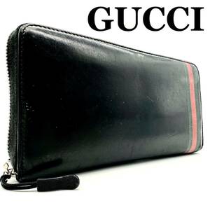 【極美品】グッチ GUCCI シェリーライン ウェブライン 財布 長財布 ジッピーウォレット wallet ラウンドファスナー メンズ ブラック レザー