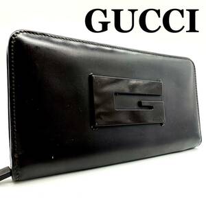 【極美品】グッチ GUCCI Gロゴ ビッグロゴ オーガナイザー 長財布 ジッピーウォレット wallet ラウンドファスナー メンズ ブラック レザー