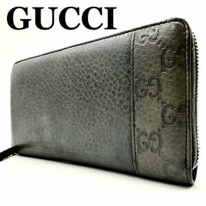 【極美品】グッチ GUCCI シマ レオパード 財布 長財布 ジッピーウォレット wallet サイフ ラウンドファスナー メンズ ブラック レザー