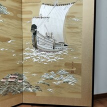 B【11-12】中国美術 蒋寥作 北前船 天山糸 紫翠刺繍 蘇州刺繍 仙頭刺繍 本金糸 屏風_画像5