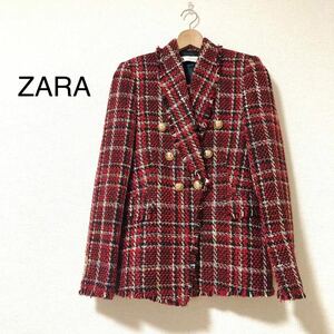 ZARA ザラ　ツイード　ジャケット　ノーカラー　ゴールドボタン　レッド　XS