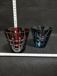 KI1171.切子グラス　2客セット 赤　青　カットガラス/60