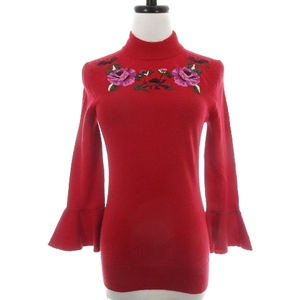 ケイトスペード Madison avenue collection ニット カットソー モックネック フレア袖 薄手 ウール 刺繍 XS 赤 レッド レディース