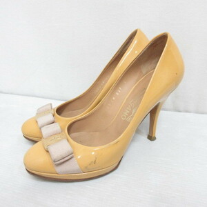  Salvatore Ferragamo Salvatore Ferragamovala enamel leather pumps 6.5D 24cm yellow yellow high heel shoes shoes ribbon 