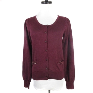  unused goods L'Est Rose L'EST ROSE knitted cardigan long sleeve crew neck ribbon thin plain 2 bordeaux tops /BT lady's 