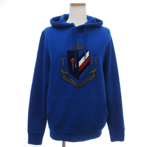 トミーヒルフィガー TOMMY HILFIGER パーカー フーディー エンブレム 刺しゅう フロッキー プリント 裏起毛 ブルー 青 S ■SM1 レディース