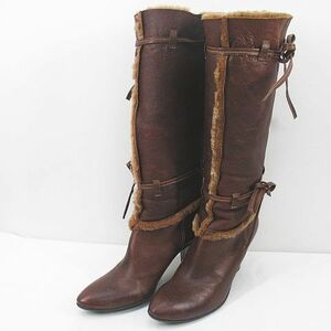  long boots ribbon 38 Brown light brown group boa leather Italy made lady's 