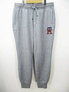 未使用品 トミーヒルフィガー TOMMY HILFIGER ロング丈 モノグラム スウェット ジョガーパンツ XL 灰系 グレー ウエストゴム 裏起毛 刺繍