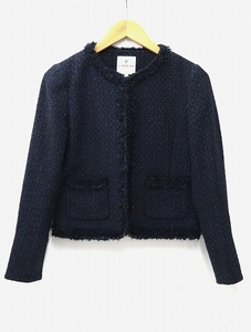 ランバンオンブルー LANVIN en Bleu 日本製 ツイード ショート丈 ノーカラージャケット 38 BLUE ブルー レディース