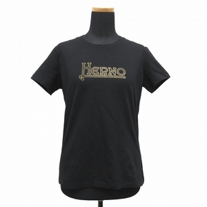 美品 ヘルノ HERNO メタルチェーン ロゴ Tシャツ カットソー 半袖 ストレッチ 丸首 JG0010D-52009-9300 大きいサイズ 42 黒 ブラック
